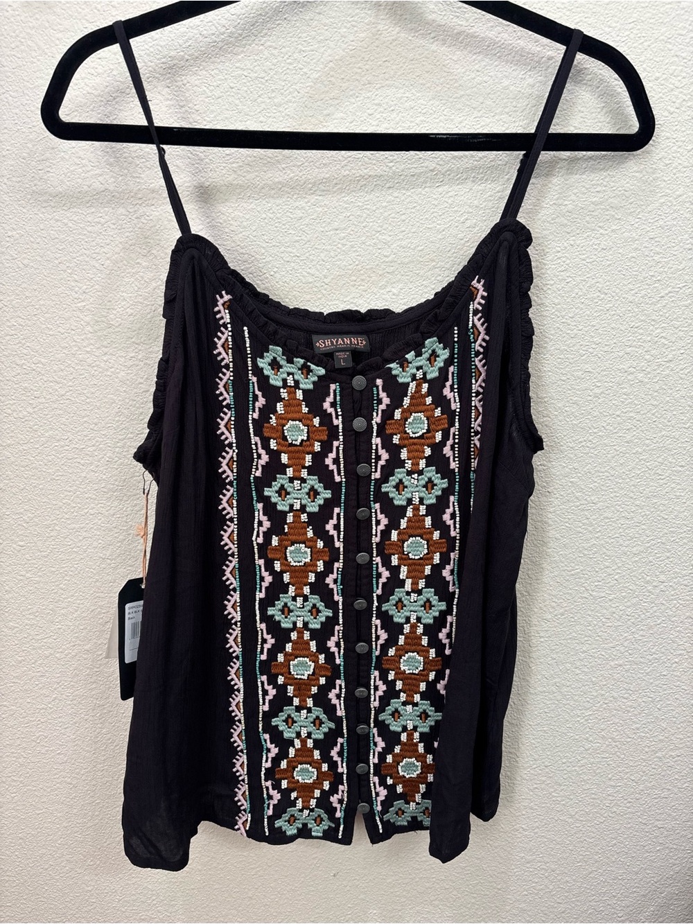 Shyanne Black Camisole with Mint and Brown Embroidery